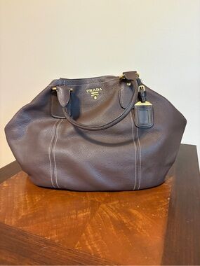 Prada Dark Brown Pebbled Leather Tote with Gold Logo